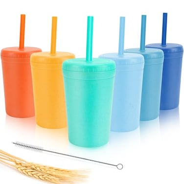 shopwithgreen 10 oz Wheat Straw Cups with Lids and Silicone Straws Unbreakable Drinking Glasses Plastic Cups for Kitchen Small Tumbler Cups with Cleaning Brush BPA Free Dishwasher Microwave Safe 6 Pac