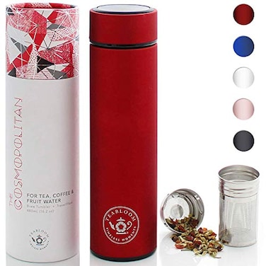 Teabloom ORIGINAL AllPurpose Beverage Tumbler 16 oz 480 ml Brushed Metal Insulated Water BottleTea FlaskCold Brew Coffee Mug ExtraFine TwoWay Infuser Travel Bottle Ruby Red