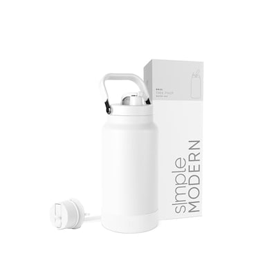 Simple Modern Trek Pivot Half Gallon Water Bottle Jug with Handle Boot Interchangeable Straw Chug Lids Large Insulated Stainless Steel Sports Camping Outdoors 64oz Winter White