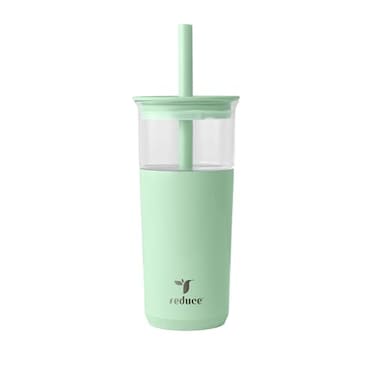 REDUCE Aspen 20 oz Vacuum Insulated Glass Tumbler with Lid Extra Wide Straw Keeps Drinks Cold for 12 Hrs Ideal for Iced Coffee Smoothies Boba Dishwasher Safe Soft Base Matcha