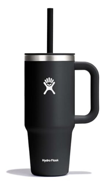 Hydro Flask Travel Tumbler with Handle Lid and Straw Insulated Stainless Steel in 24 Oz Black