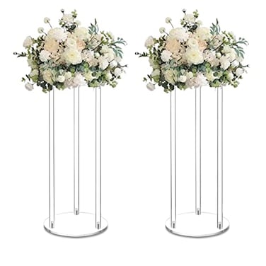 simprefine 2 Pack 32 Tall 10 Dia Clear Flower Stand Round Wedding Decoration Table Centerpiece Acrylic Floor Vase Decorative Column Props for Floral Arrangement Event Party Decor