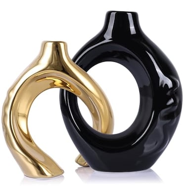 LCCCK Boho Black and Gold Ceramic Vases for Home Decor Small Hollow Donut Vases for Living Room Table Wedding Centerpiece
