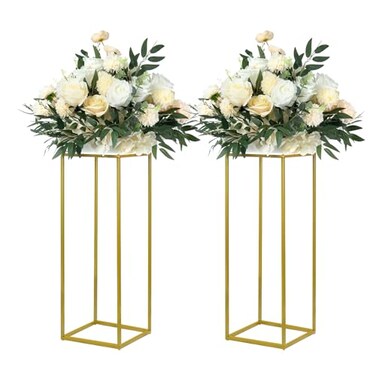 YALLOVE 2 Pack 2375 Inch Gold Wedding Flower Stand Metal Vase Column Stand Geometric Centerpiece Vase for Home Party Wedding Decorations Rectangular Flower Display Rack