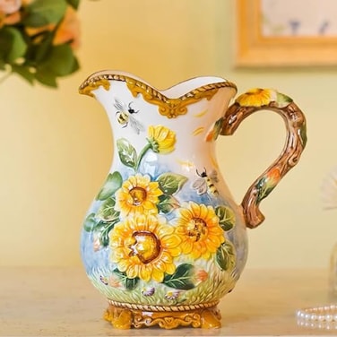FORLONG Large Ceramic Water Pitcher Flower Vase HandPainted Sunflower and Bee Home Decor 87H Inches Bouquet HoldeYellow