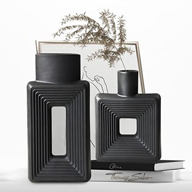 LZV Black Ceramic Vase Set of 2Square Vase Rustic Home Decor Minimalist Nordic Boho Style for Living Room Shelf Table Bookshelf Mantel and Entryway Decor Vases