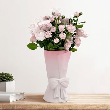 Relexome Pink White Ceramic Bow Vase 964 in Unique Cute Modern Decorative Bouquet Flower Vases for Home Living Room Table Decor