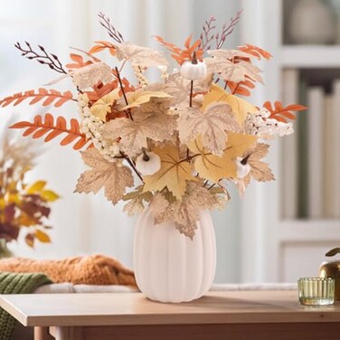 Thigreact Fall Decor Ceramic Pumpkin Vase with 15 PCS Autumn Maple Leaf Pumpkin Berry Stems Table Centerpieces Thanksgiving Farmhouse Neutral Harvest Decorations for Home Indoor Dining Room Kitchen