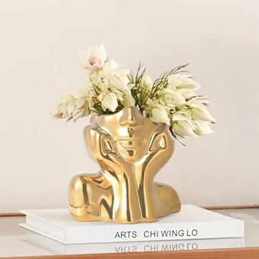 BrownLove Gold Ceramic Human Face Decorative Vase Shy Posture Modern Art Desktop Display for Bookshelf Living Room Office Bedroom
