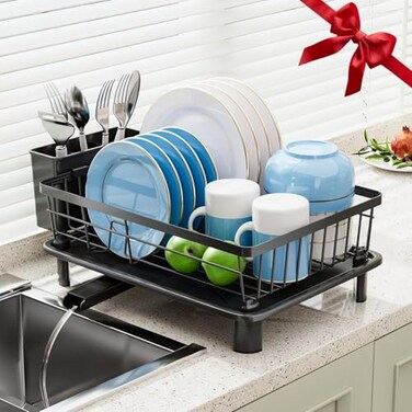 GAOKASE Dish Drying Rack Stainless SteelDish Rack Dish Racks for Kitchen Counter Kitchen Dish Drainers with Removable Utensil HolderNew Drain OutletPlate Rack and DrainboardBlack
