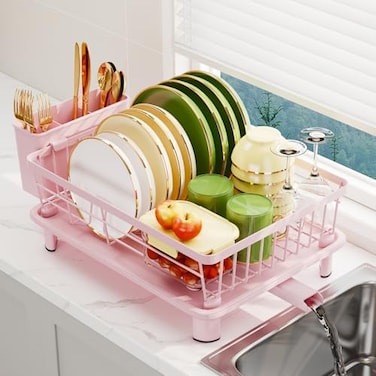 GHERISN Dish Drainer Rack with Drip Tray Sink Dish Drainer with Drainage Spout Stainless Steel Dish Drying Rack with Cups Utensil Cutting Board Holders for Kitchen Counter SpaceSaving Pink