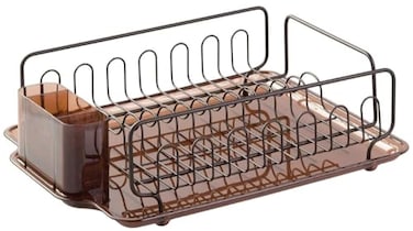 iDesign Forma Lupe Stainless Steel Metal Sink Dish Drainer Plastic Tray Kitchen Drying Rack For Glasses Silverware Bowls Plates 133 x 175 x 52 Bronze