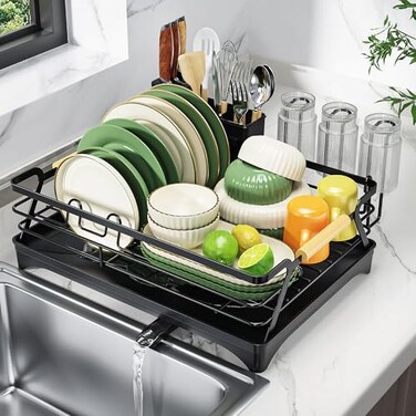 Epicano Dish Drying Rack for Kitchen Counter Large Capacity Dish Rack with Wooden HandleCup Holder Knife Slots Rustproof Dish Drainer with AutoDrainage System Kitchen Sink Organizer Black