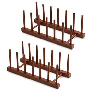 HBlife 2pcs 6 Slots Teak Dish Plate Bowl Cup Book Pot Lid Cutting Board Drying Rack Stand Drainer Storage Holder Organizer Kitchen CabinetKeep Dry