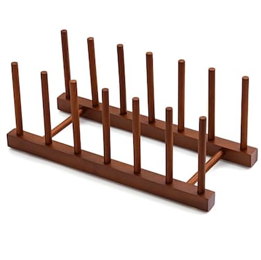 HBlife 6 Slots Teak Dish Plate Bowl Cup Book Pot Lid Cutting Board Drying Rack Stand Drainer Storage Holder Organizer Kitchen CabinetKeep Dry