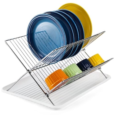 Youeon Foldable Dish Drying Rack with Drip Tray Stainless Steel 2 Tier Dish Drainer Rack Collapsible Dish Drainer Folding Dish Rack for Kitchen Sink Countertop Cutlery Plates Dishes