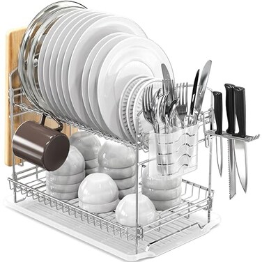 Simple Houseware 2Tier Stainless Steel Dish Rack with Drainboard Chrome for Kitchen