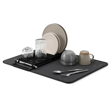 Umbra Udry Dish Rack and Microfiber Drying Mat SpaceSaving Design Folds Up for Easy Storage Basic Rack Black