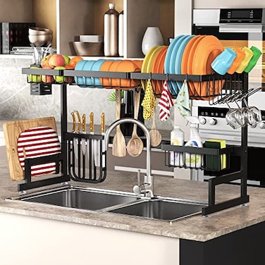 PUSDON Over the Sink Dish Drying Rack 2 Tier Adjustable Large Capacity Stainless Steel Dish Rack for Kitchen Counter Heavy Duty Space Saver Organizer with Utensil Holder Black