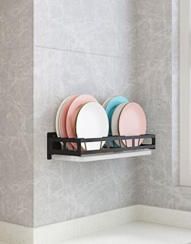 Kitidy Kitchen WallMounted Plate Storage Rack With Drying Tray Dish Rack Display Shelf Wall Hanging Holder Black