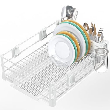Simple Houseware White Dish Drying Rack with Drainboard Utensil Holder Mug Hooks Metal Kitchen Counter Organizer