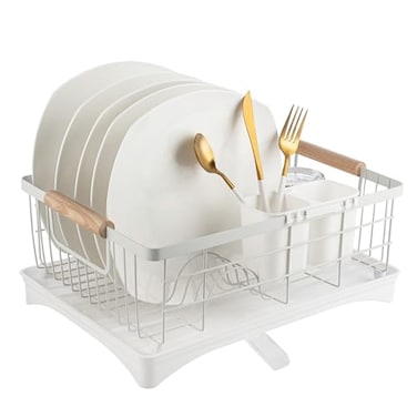 AppleTofu Dish Drainer Rack Plate Cutlery Pots and Pans Drying Rack for Kitchen with Beechwood Handles Modern Retro Design Drip Tray with Metal Rack White