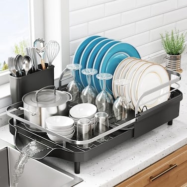 SNTD Dish Drying Rack Expandable Dish Rack for Kitchen Counter Stainless Steel Dish Drainer with Drainboard Set and Utensil Holder Black