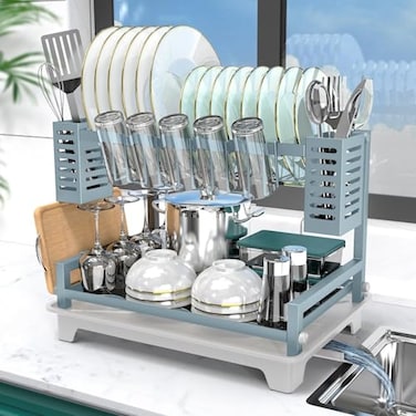 B-Land BLand Dish Drying Rack 2 Tier Dish Racks for Kitchen Counter Large Dish Drying Rack with Drainboard Utensil Holders RustProof Dish DrainersKitchen Organization