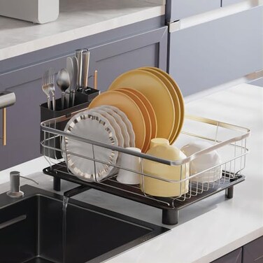 AIDERLY Stainless Steel Dish Drying Rack Extendable Drain Spout Utensil Holder Knife Slots Compact for Kitchen Counter Black