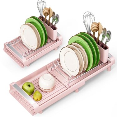 TOOLF Small Dish Drying Rack Mini Expandable Compact Dish Rack Slim Extendable Stainless Steel Dish Drainer for Kitchen Plate Storage Space Saving Dish Strainer in Sink or on Home Countertop Pink