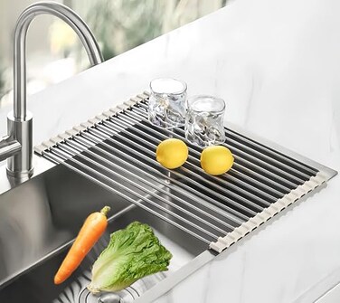 Sayehuanye Roll Up Dish Drying Rack 177 x 118 Over The Sink Dish Drying Rack Kitchen Dish Rack Foldable Dish Drainer Stainless Steel Dish Drying Rack for Kitchen Sink Counter Storage Grey