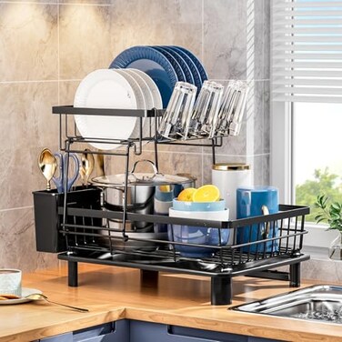 GAOKASE Dish Drying Rack Stainless SteelDish Rack Dish Racks for Kitchen Counter Kitchen Dish Drainers with Removable Utensil HolderNew Drain OutletPlate Rack and Drainboard Black 3