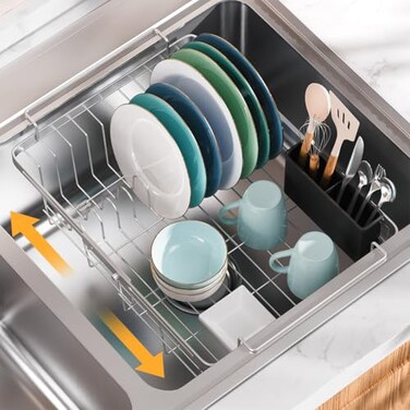 Homics Expandable in Sink Dish Drying Rack Adjustable Capacity 10516 Stainless Steel Over The Sink Dish Drying Rack Dish Drainer for Kitchen Sink Counter with Utensil Holder