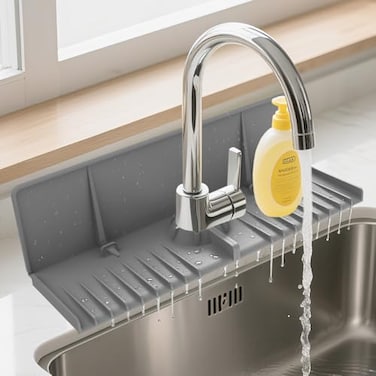 Gosmol Silicone Faucet Drip Catcher Tray Mat Upgraded Design Sink Backsplash Guard Behind Faucet Silicone Faucet Mat for Dish Soap Sponge Holder Kitchen Counter Bathroom Kitchen Sink Splash Guard Grey