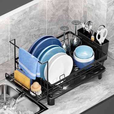 GAOKASE Dish Drying Rack Stainless SteelDish Rack Dish Racks for Kitchen Counter Kitchen Dish Drainers with Removable Utensil HolderNew drain outletPlate Rack and DrainboardBlack2 with Sponge Rack