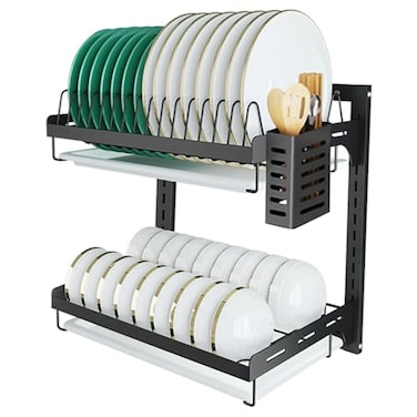 USHARP Hanging Dish Drying Rack Wall Mounted Dish Rack Kitchen 2 Tier Plate Organizer Wall Mount Stainless Steel Dish Drainer Storage Shelf with Drainboard Cutlery Holder Black Ajustable Height 16