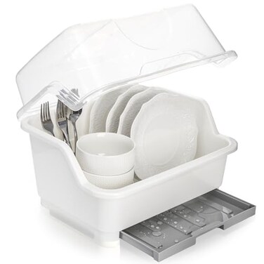 Acshio Dish Drying Rack Plastic Plate Cup Dryer Holder with Lid Removable Drainboard Cutlery Utensil Dish Nursing Bottle Organizer for Tableware Kitchen Cabinet