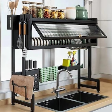 ASIEIT Dish Drying Rack 3Tier Over The Sink Dish Drying Rack 335 Over Sink Dish Rack for Small Kitchen SpaceSaving Dish Rack with Cover Baskets Utensil Large Sink Storage Organizer Black