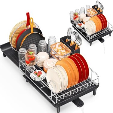 TOOLF Expandable Dish Rack Dish Drying Rack for Kitchen Counter Foldable Dish Dryer Rack Stainless Steel Dish Drainer Racks with Cutlery Holder Collapsible Dish Drying Racks Large SizeBlack