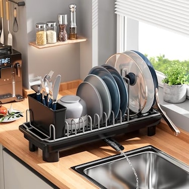 SanDream Small Dish Drying Rack with Removable Utensil Holder AntiScratch Base Stainless Steel Dish Rack Dish Drying Rack with Drainage Space Saving Design for Kitchen Counter Black