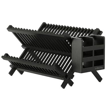HBlife Dish Rack Bamboo Folding 2Tier Collapsible Drainer Dish Drying Rack with Utensils Flatware Holder Set Dish Rack with Utensil Holder