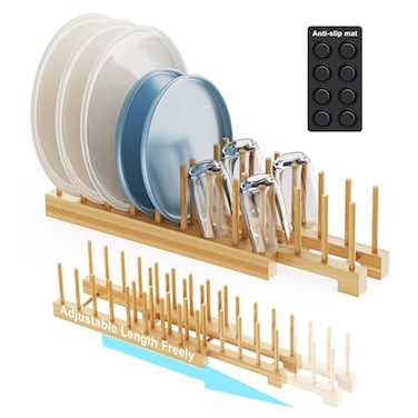 Mukylar Bamboo Dish Rack Expandable Plate Rack Dish Drying Rack for Kitchen Cabinet Storage Adjustable MultiFunctional Design Organizer for Plates Bowls Cups Pots Cutting Boards Natural Bamboo