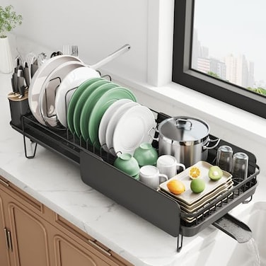 SNTD Large Dish Drying Rack Expandable 193 to 294 Dish Rack for Kitchen Counter Stainless Steel Dish Drainer with Utensil Holder Pan Holder Pot Lid Holder Black