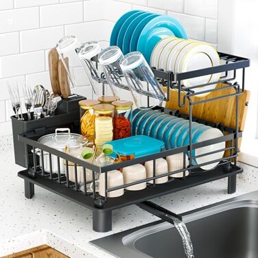 IMXSUMDA Dish Drying Rack 2 Tier Dish Racks for Kitchen Counter Compact Drying Rack Kitchen RustResistant Dish Drainer Detachable SpaceSaving Dish Rack with Drainboard Utensil Holder Black
