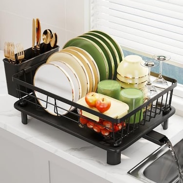 GHERISN Dish Drainer Rack with Drip Tray Sink Dish Drainer with Drainage Spout Stainless Steel Dish Drying Rack with Cups Utensil Cutting Board Holders for Kitchen Counter SpaceSaving Black