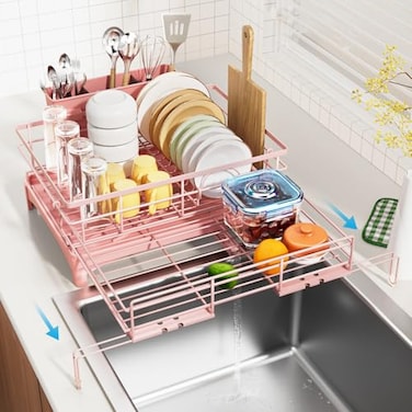 Laveshop Dish Drying Rack Expandable Rack Large Capacity Dish Drainer for Kitchen Counter RustProof with Utensil Holder Pink