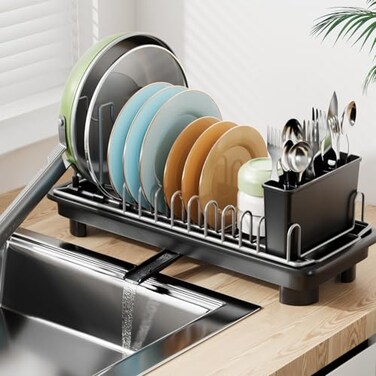 Laveshop Small Dish Drying Rack Compact Dish Drainer for Kitchen Counter with Adjustable Back Slots SpaceSaving for Small Kitchens Black