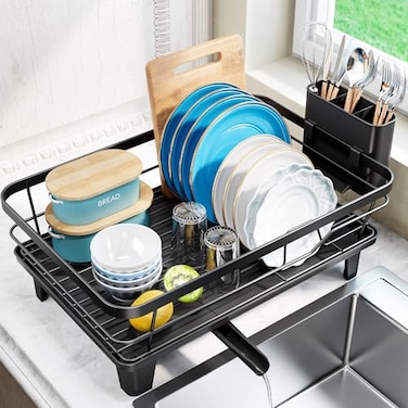 Urackify Dish Drying Rack for Kitchen Counter Sink Dish Rack with Drainboard 122 W x 165 L Large Dish Drainer with Cutlery Holder Home Countertop Plate Dryer Storage Rack Black