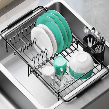 Urackify Dish Drying Rack in Sink Stainless Steel Expandable 14518L Over The Sink Dish Rack with Utensil Holder SpaceSaving Dish Drainer for Kitchen Counter 1 Piece Matte Black