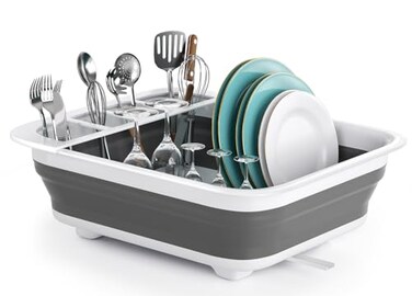 THANSTAR Collapsible Dish Drying Rack for RV Kitchen Foldable Drainer Organizer for Kitchen Countertop Space Saving Portable Dish Rack for Campers Travel Trailer Small Spaces Easy Storage Grey